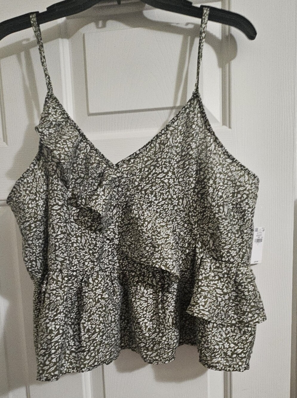 Old Navy Olive Green Floral Top with White Print